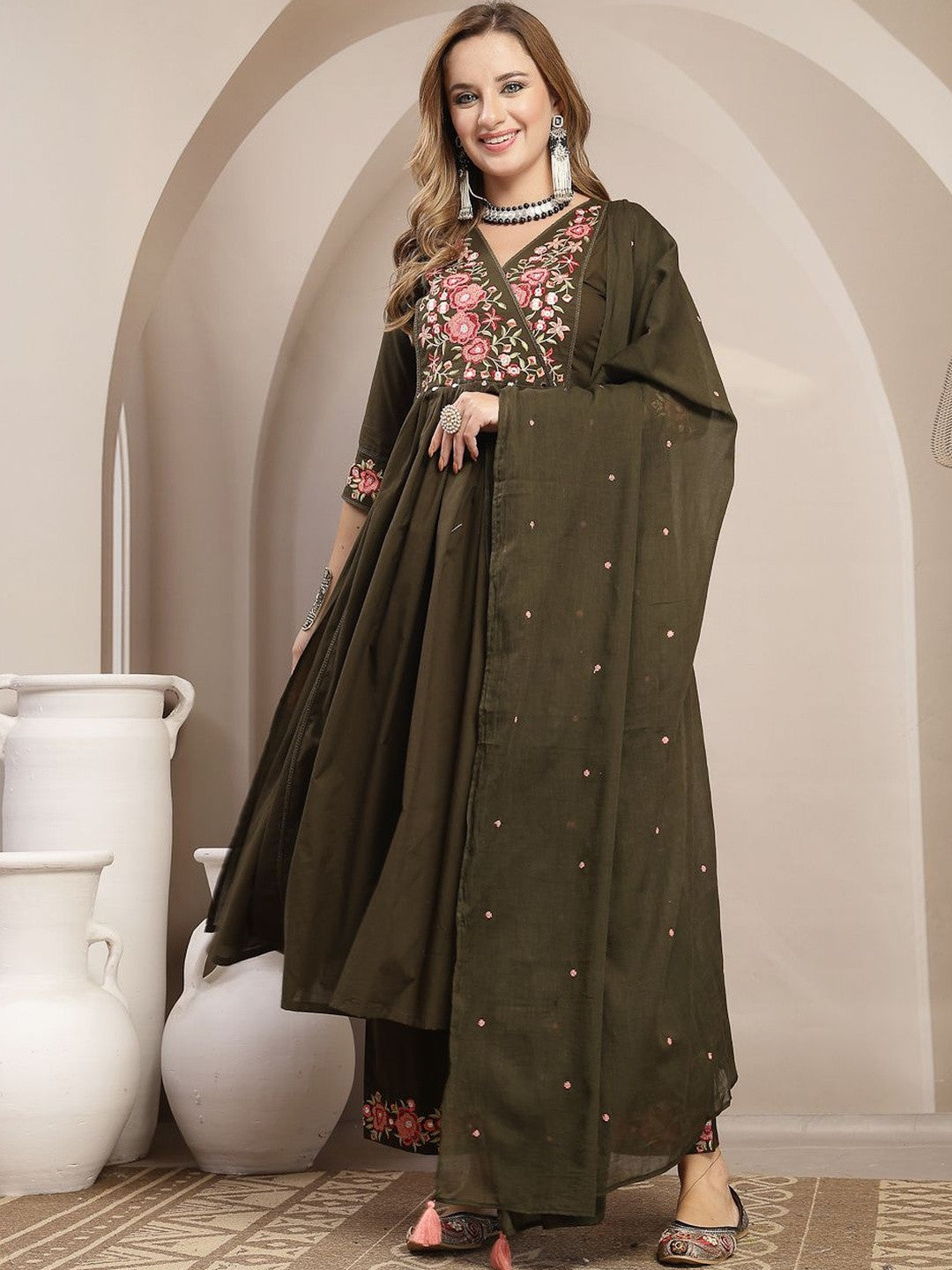 Women Floral Embroidered Angrakha Thread Work Pure Cotton Kurta with Palazzos & With Dupatta