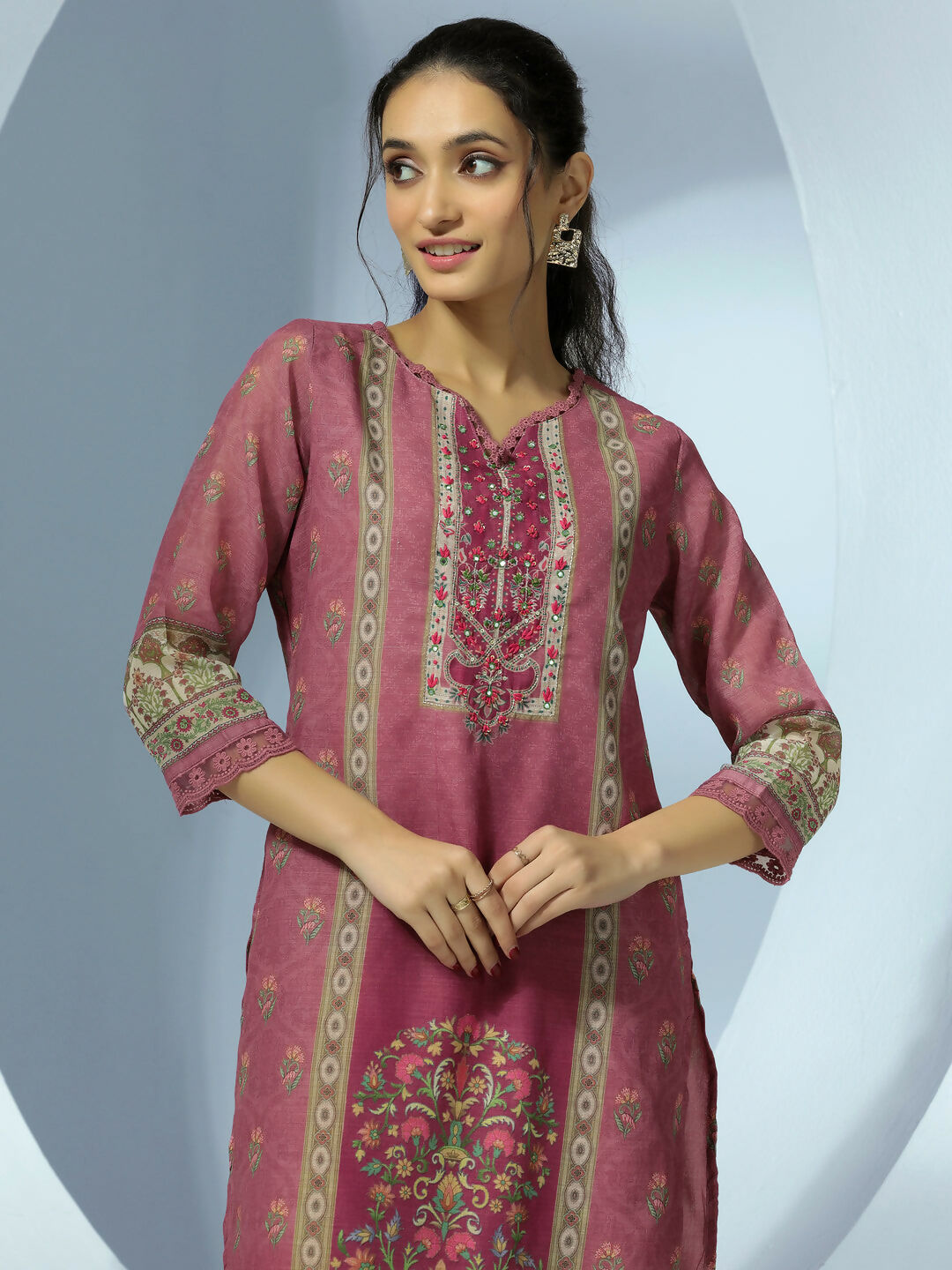 Women's LB Mauve Printed Linen Straight Suit With Dupatta