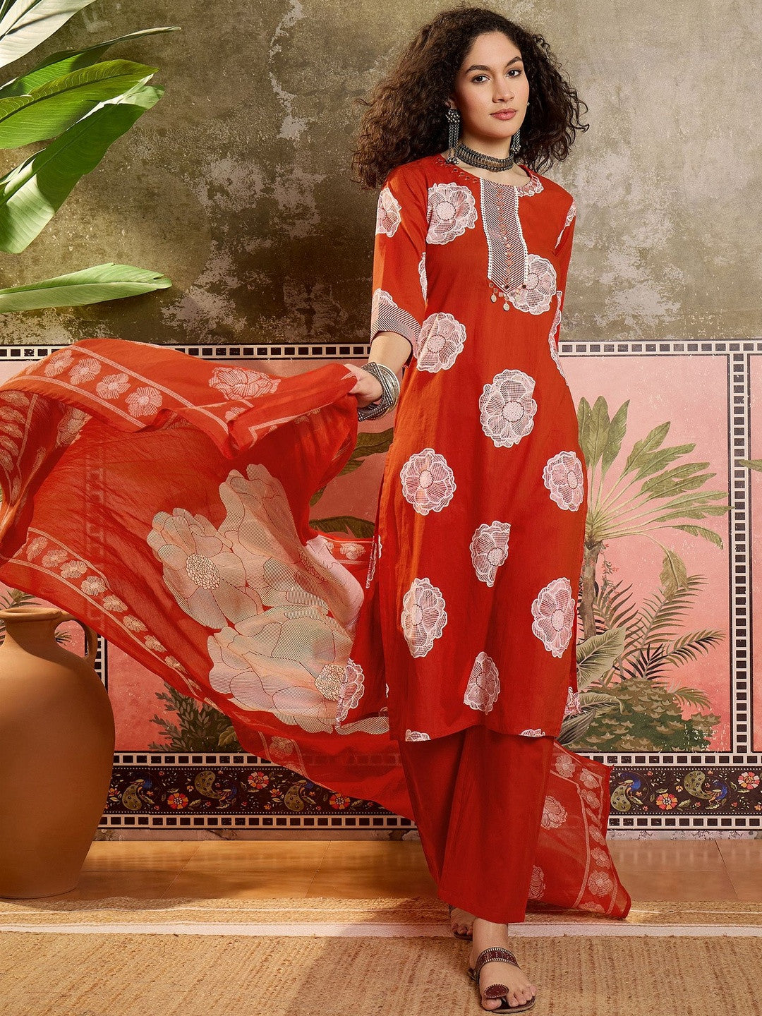 Printed Cotton Round Neck Kurta & Trousers With Dupatta