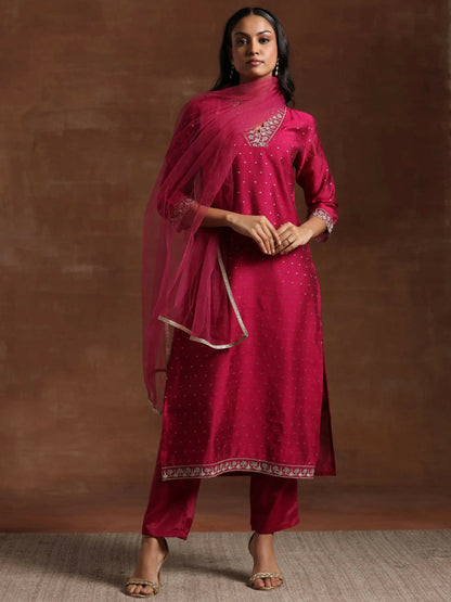 Women's LB Pink Self Design Silk Blend Straight Suit With Dupatta