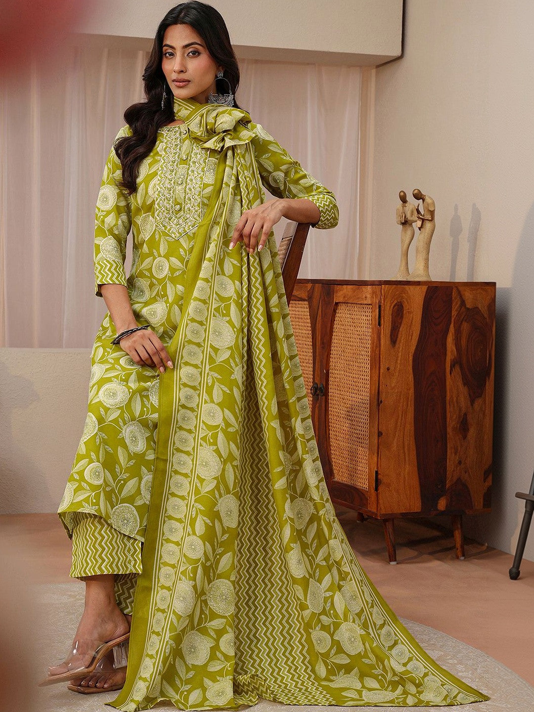 Libas Green Floral Printed Straight Suit Set