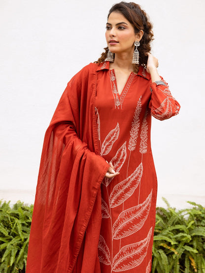 Printed Pure Cotton Straight Kurta & Trousers With Dupatta