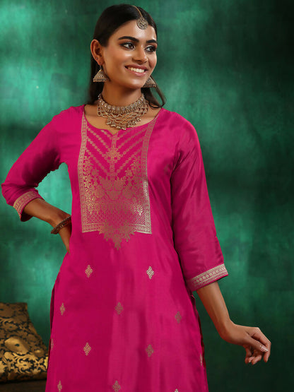 Women's LB Pink Woven Design Silk Blend Straight Suit With Dupatta