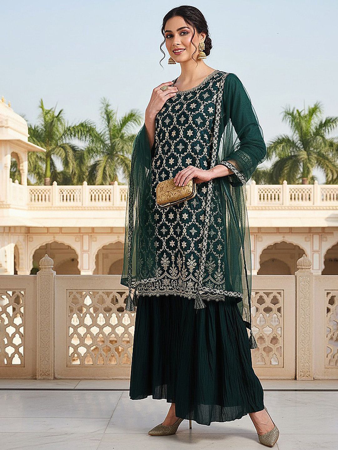 Dhiyona KL Ethnic Motifs Embroidered Straight Kurta with Sharara & With Dupatta