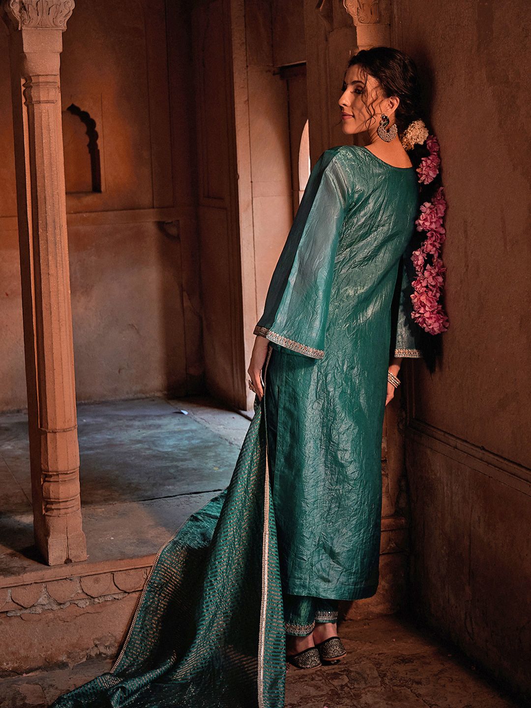 Dhiyona CH Women Embroidered Sequinned Kurta with Trousers & Dupatta