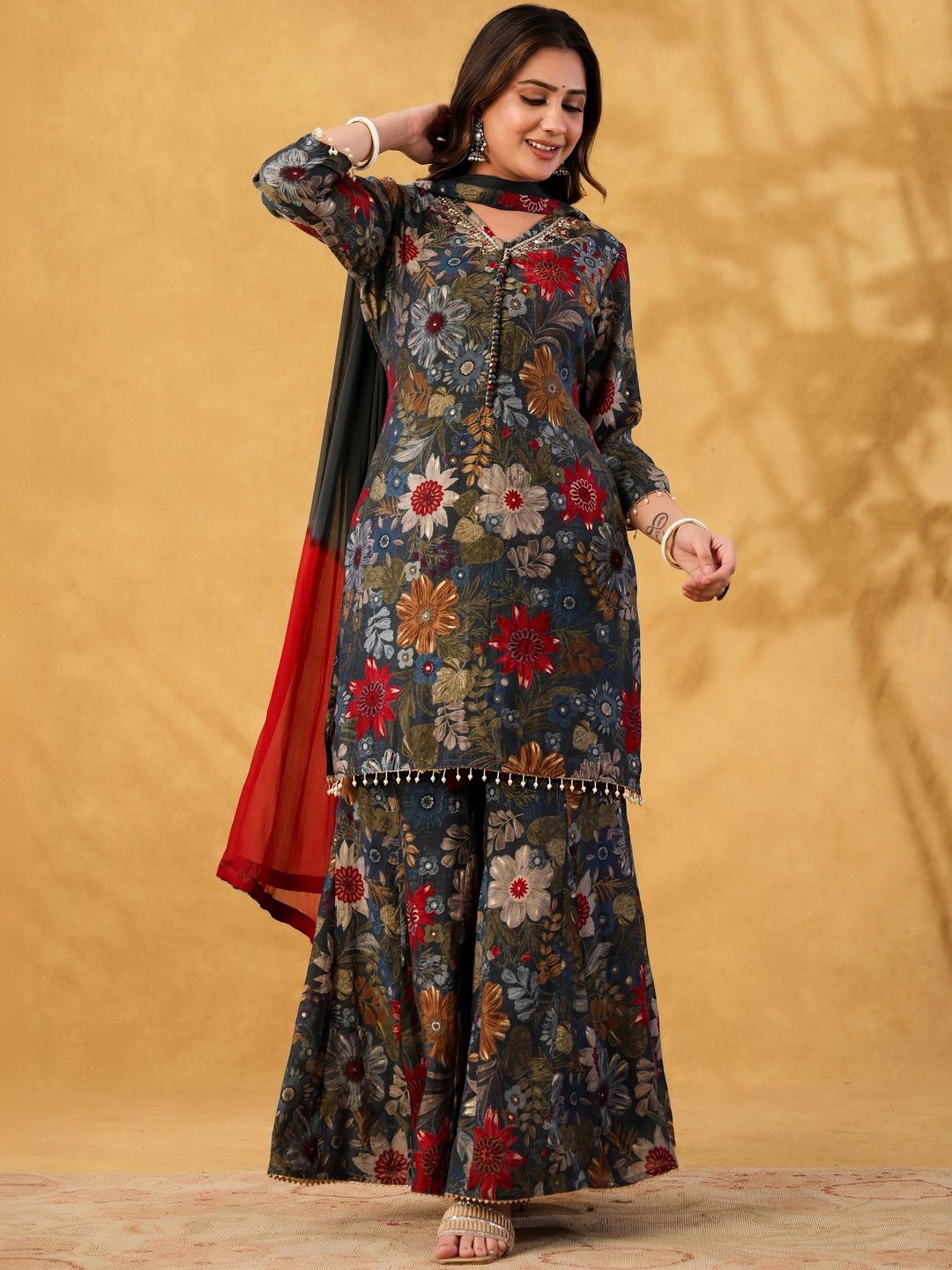 Dhiyona HOP Floral Printed Kurta with Sharara & Dupatta Set