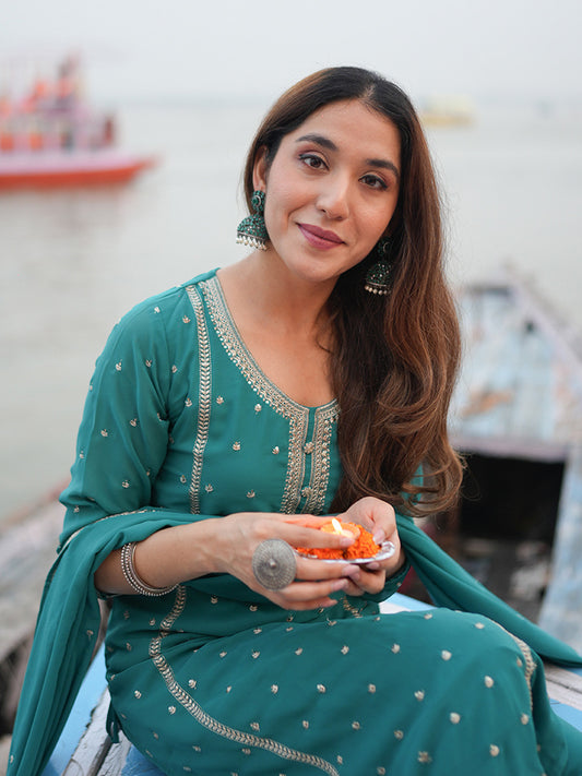 Green and Silver Ethnic Motifs Embroidered Sequinned Kurta with Palazzo & Dupatta