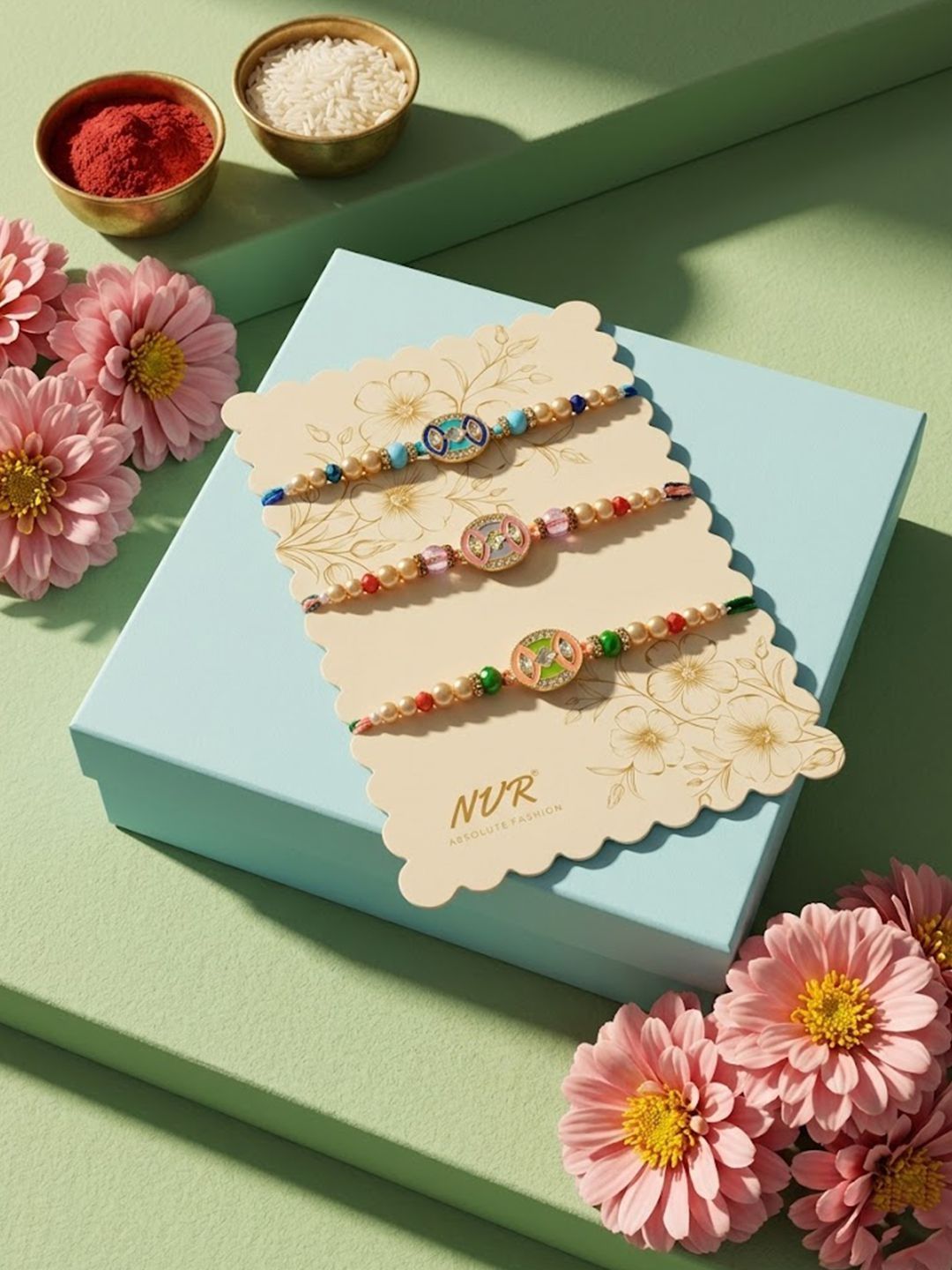 Dhiyona Set Of 3 Multicolor Artificial Stones & Beads Thread Rakhi With Roli Chawal Chandan