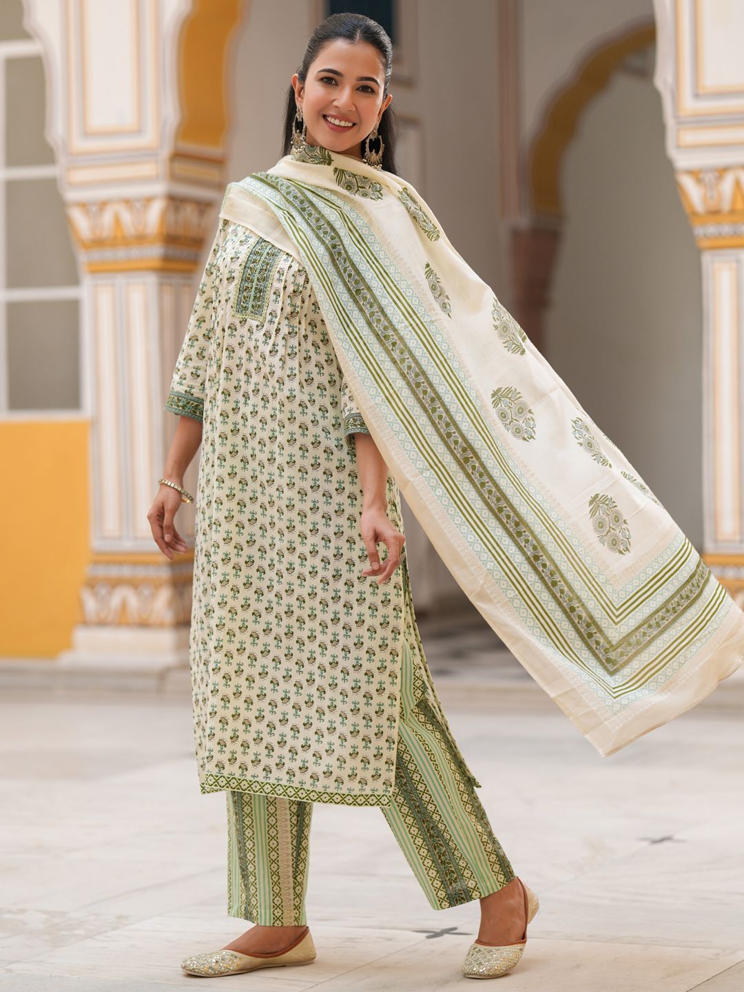 Dhiyona RR Women's Printed Sequinned Pure Cotton Kurta with Trousers & Dupatta