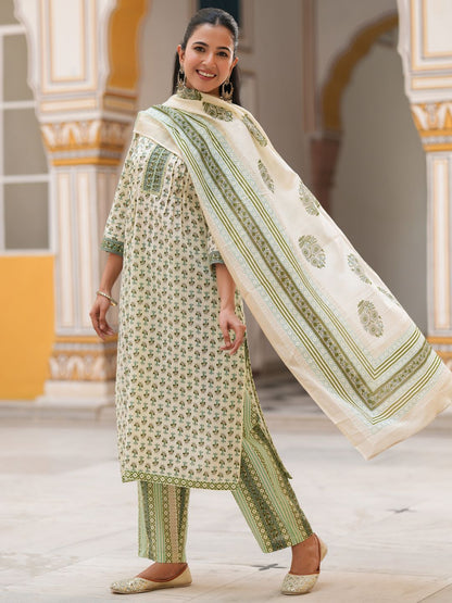 Dhiyona RR Women's Printed Sequinned Pure Cotton Kurta with Trousers & Dupatta