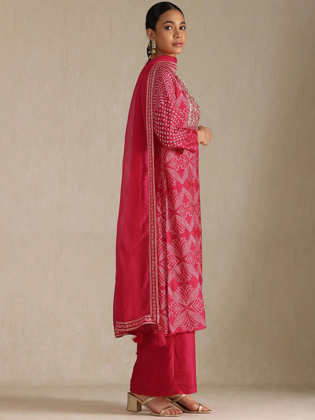Dhiyona SO Women's Women Bandhani Striped Regular Zardozi Kurta with Palazzos & With Dupatta