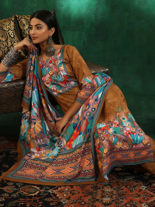 Women's LB Mustard Printed Linen Straight Suit With Dupatta