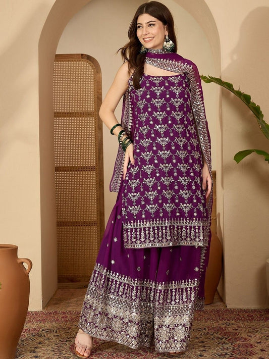 Dhiyona SN Ethnic Motifs Embroidered Sequinned Straight Kurta with Sharara & Dupatta