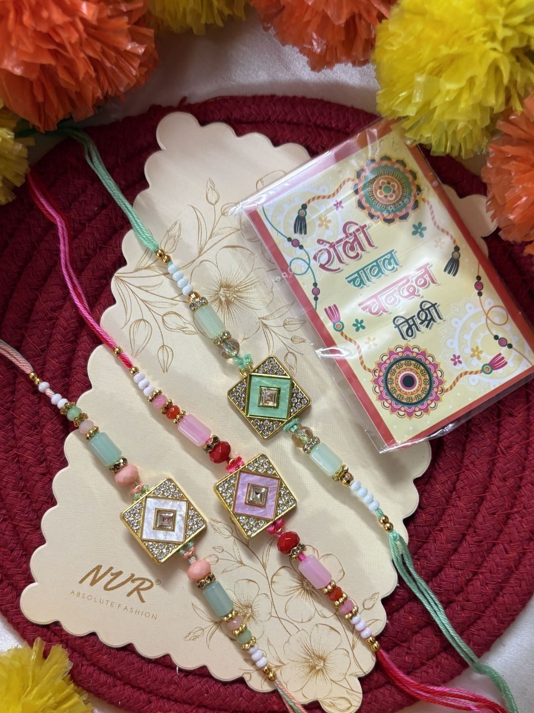 Dhiyona Set Of 3 Multicolor Ad Thread Rakhi With Roli Chawal Chandan Mishri