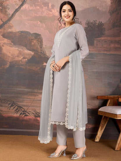 Dhiyona PD Women Sequined Embroidered Round Neck Straight Kurta & Trousers With Dupatta