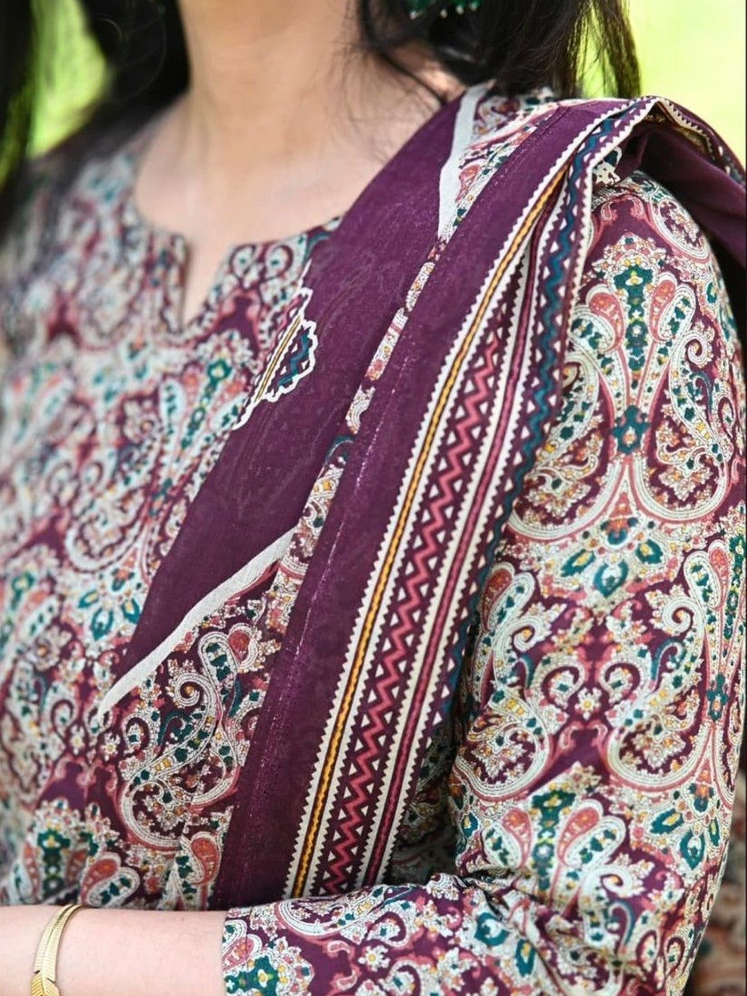 Printed Cotton Blend Boat Neck Kurta & Trousers With Dupatta