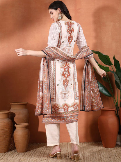 Ethnic Motifs Printed Pure Cotton Straight Kurta with Trouser & Dupatta