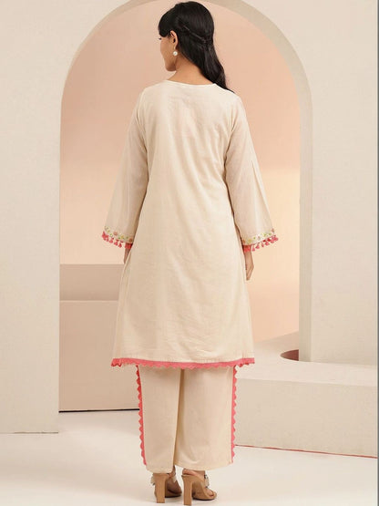 Off White Floral Embroidered Cotton A-Line Kurta Set