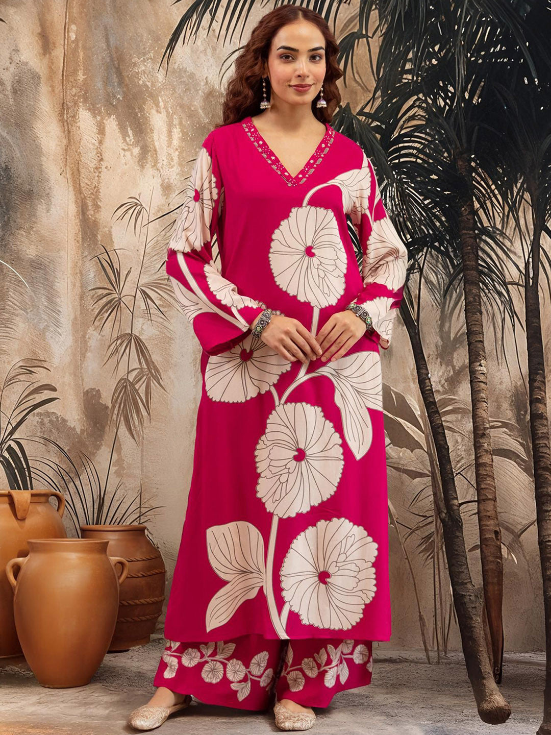 Dhiyona SN Women Floral Printed V-Neck Straight Kurta With Palazzo