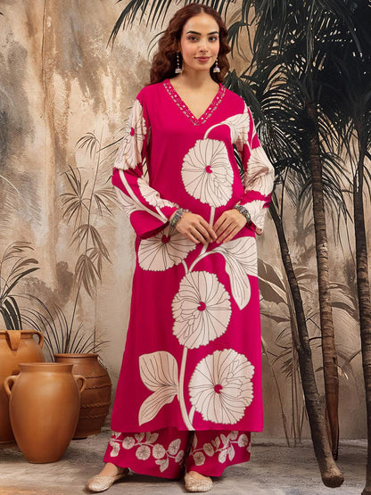 Women Floral Printed V-Neck Straight Kurta With Palazzo