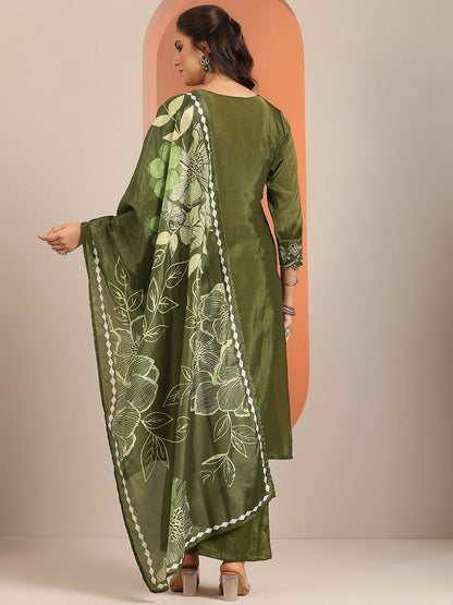 Dhiyona LL Floral Embroidered Round Neck Sequinned Straight Kurta With Palazzos And Dupatta