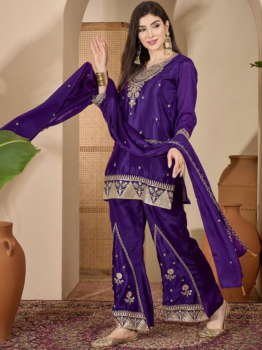 Dhiyona SN Ethnic Motifs Zari Sequence Thread Embroidered Kurta With Palazzos & Dupatta