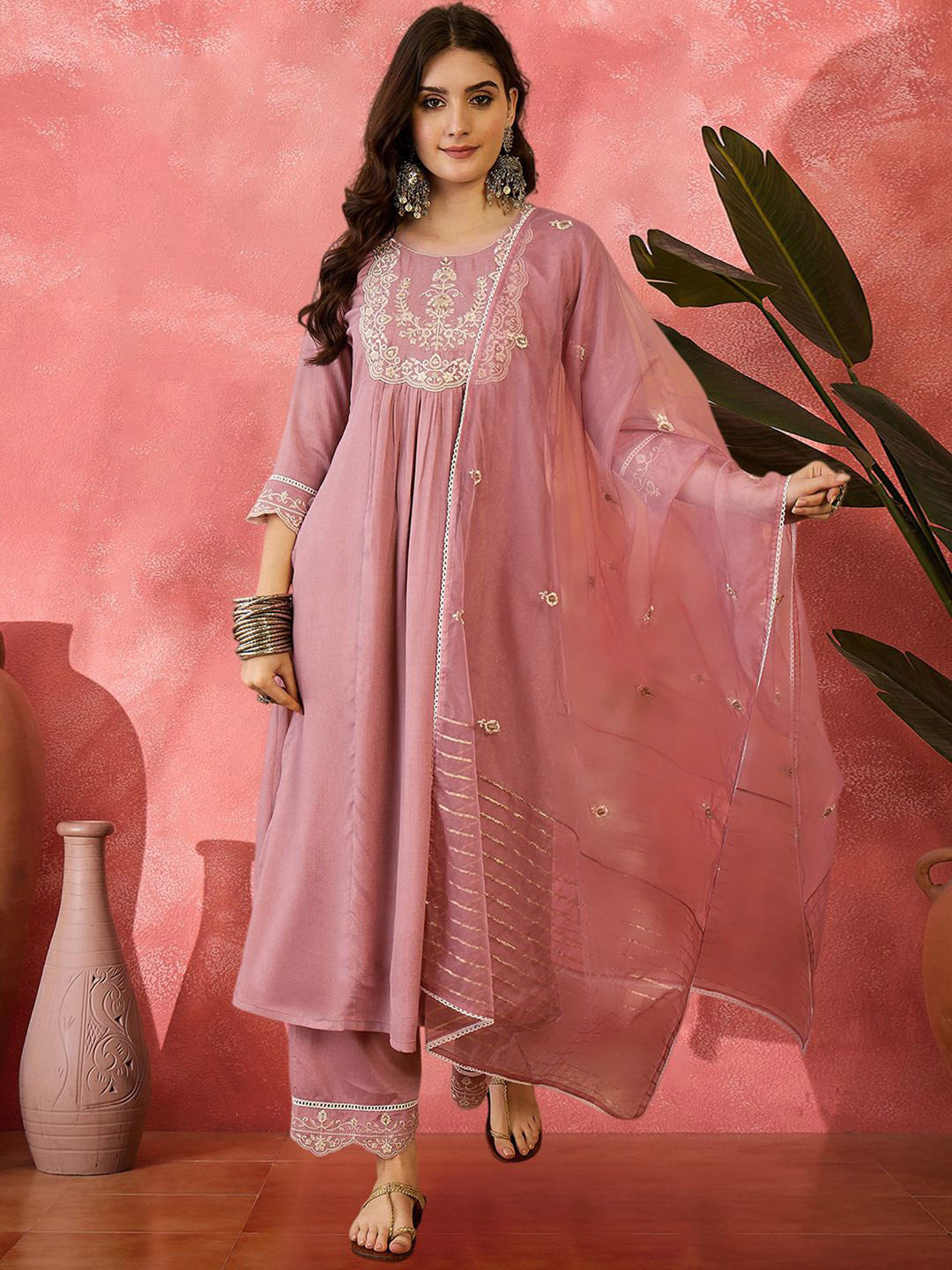 Dhiyona SN Zari Sequence Embroidered Straight Kurta & Trousers With Dupatta