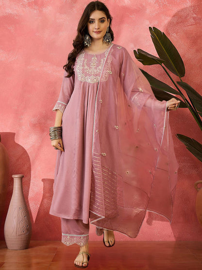 Zari Sequence Embroidered Straight Kurta & Trousers With Dupatta