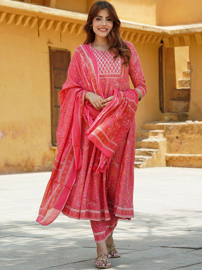 Dhiyona KL Floral Printed Regular Pure Cotton Anarkali Kurta with Trousers & Dupatta