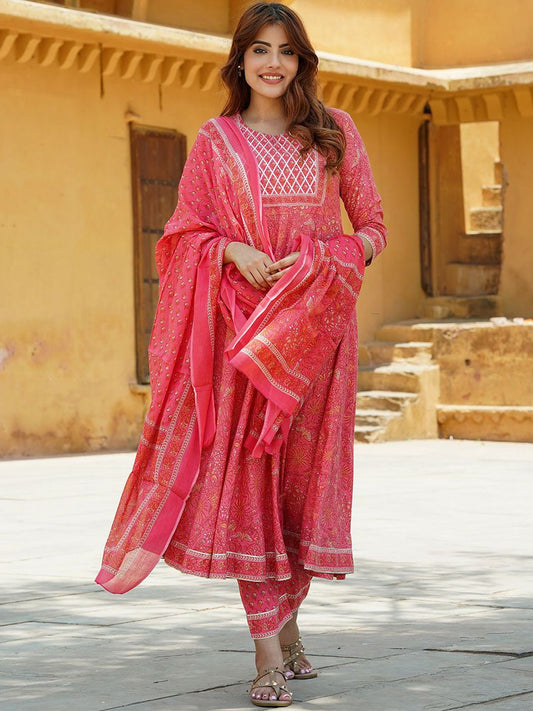 Dhiyona KL Floral Printed Regular Pure Cotton Anarkali Kurta with Trousers & Dupatta