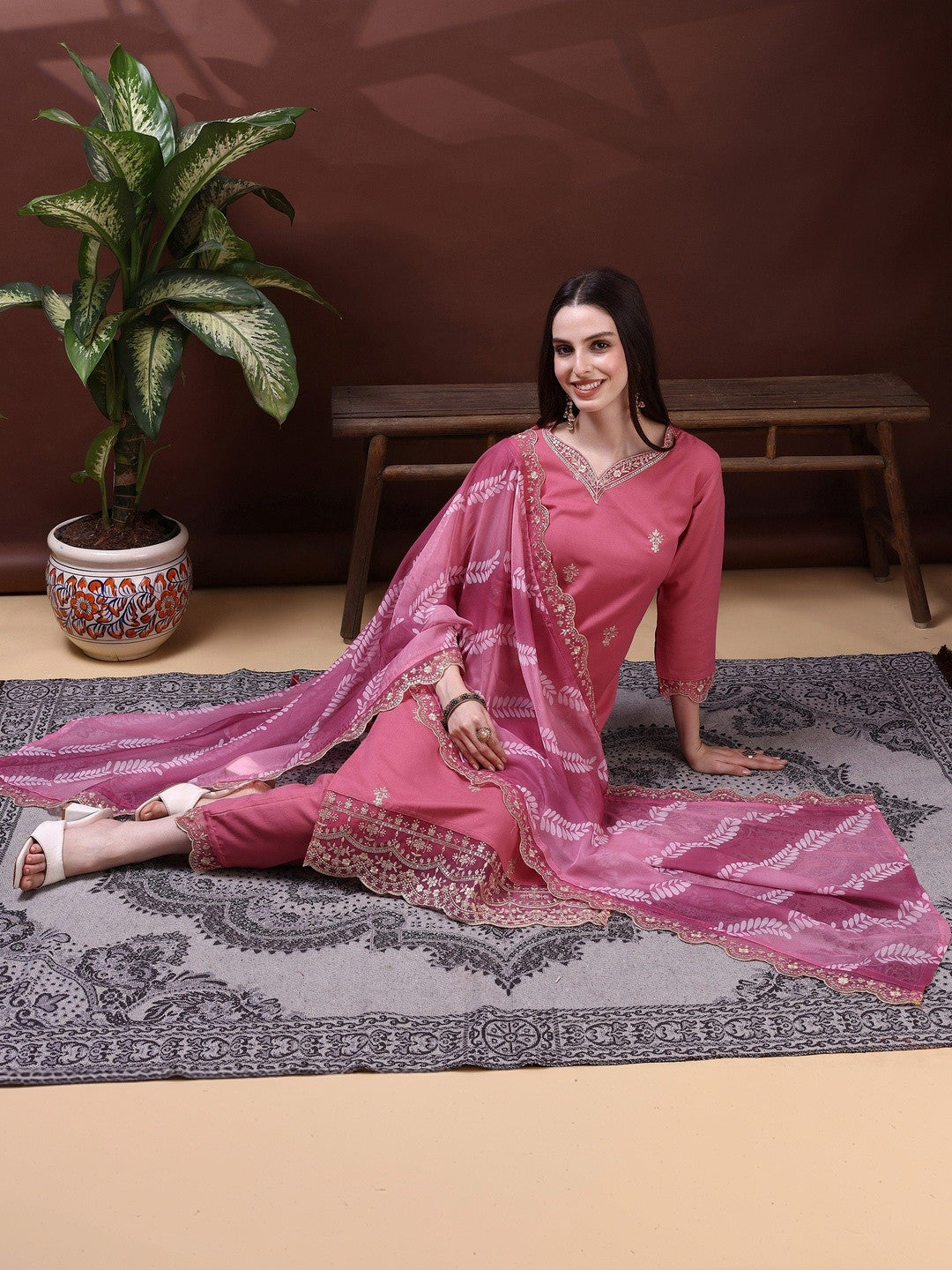 Embroidered Sweetheart Neck Kurta & Trousers With Dupatta
