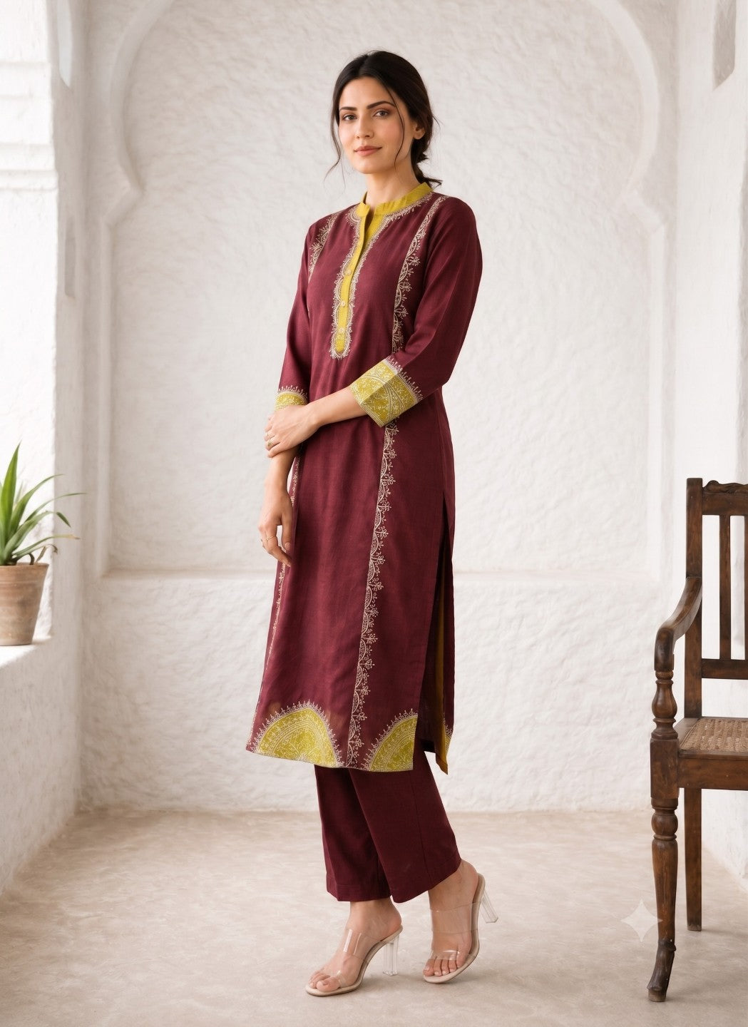 Nabha Wine Printed Work Suit Set