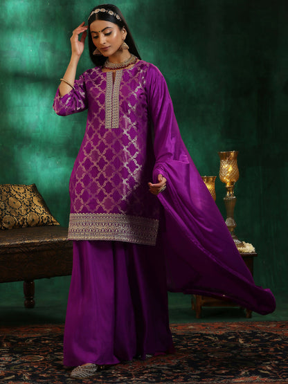 Women's LB Magenta Woven Design Silk Blend Straight Suit With Dupatta