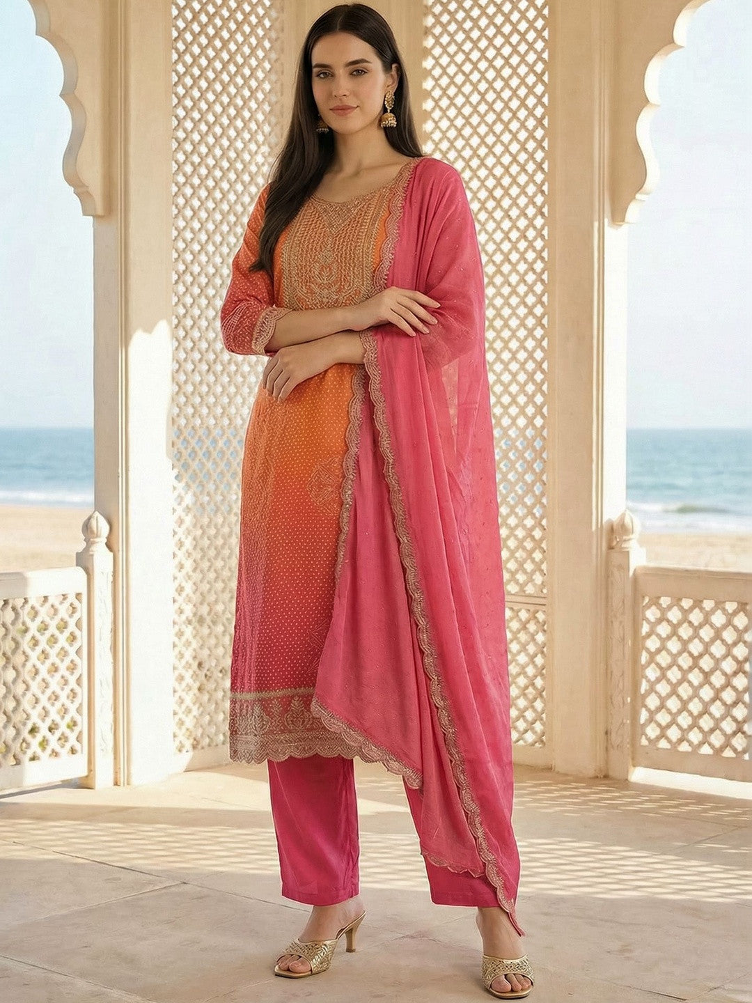 Women Ombre Printed Regular Kurta with Trousers & With Dupatta