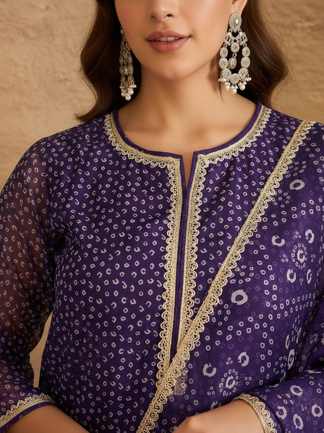 Printed Round Neck Kurta & Trousers With Dupatta