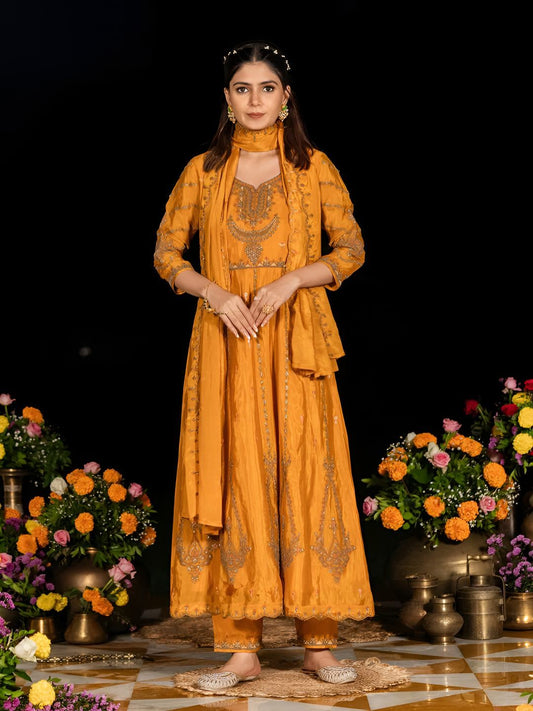 Dhiyona CH Ethnic Motifs Embroidered Zari Anarkali Kurta with Trousers & Dupatta