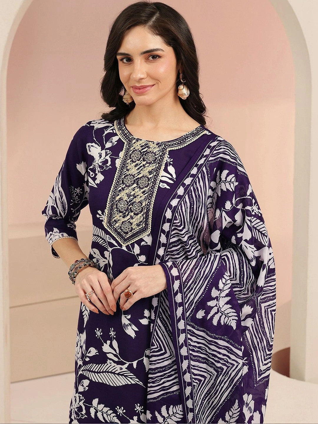 Plum Purple Floral Printed Cotton Blend Straight Suit Set