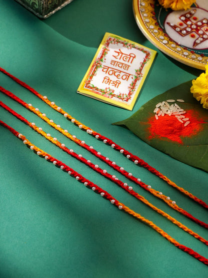Dhiyona Set Of 4 Artifiicial Beaded Thread Rakhis With Roli Chawal Chandan & Mishri