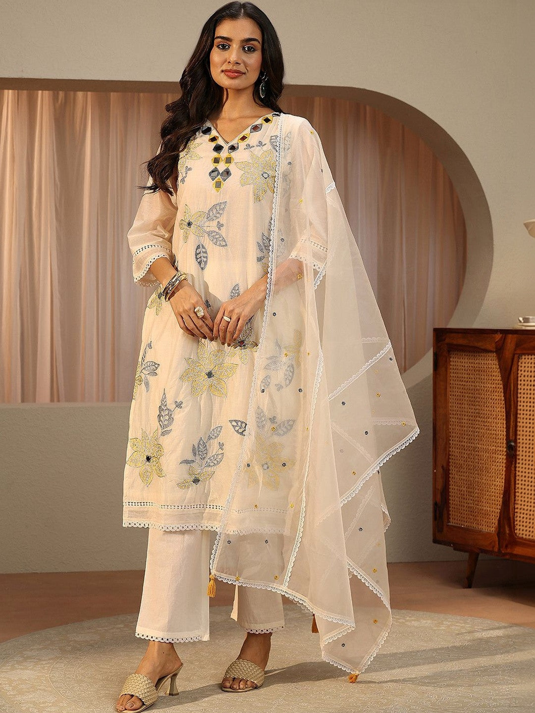 White Floral Embroidered Silk Blend Straight Suit Set