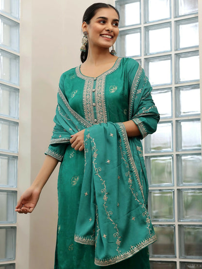 Women's LB Turquoise Woven Design Silk Blend Straight Suit With Dupatta