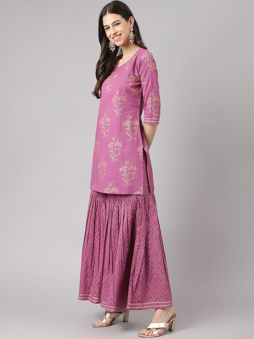 Dhiyona KL Women Floral Printed Regular Gotta Patti Pure Cotton Kurta with Sharara & With Dupatta