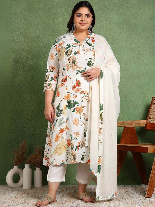 Dhiyona KL Women Floral Printed Regular Pure Cotton Kurta with Trousers & With Dupatta
