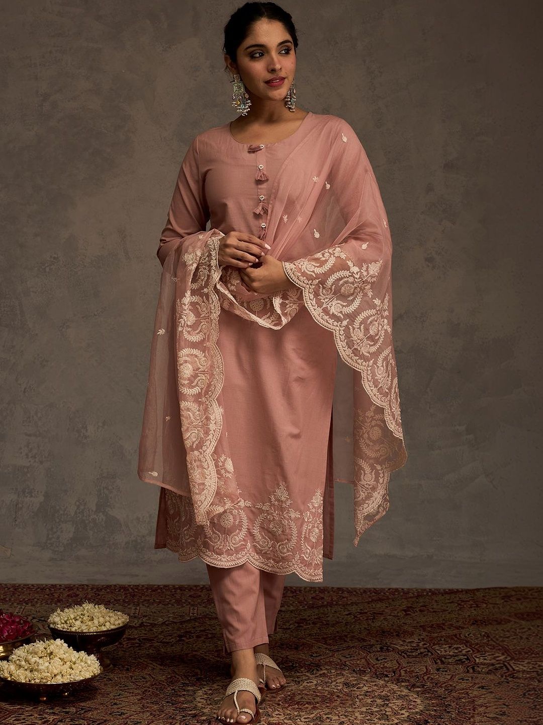 Women Ethnic Motifs Regular Thread Work Pure Cotton Kurta with Trousers & With Dupatta