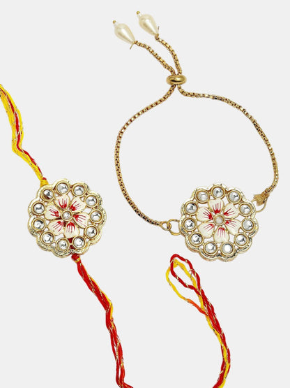 Dhiyona Unisex Set Of 2 Gold Kundan-Studded Bhaiya Bhabhi Rakhi Set With Roli Chawal