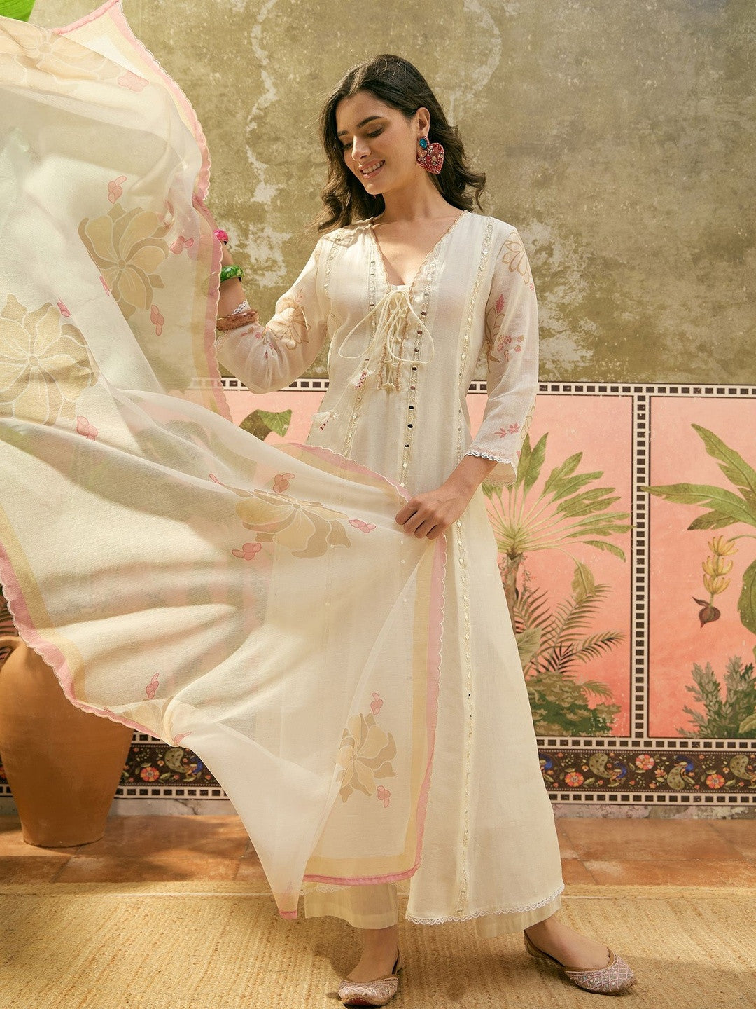 Embroidered V-Neck Anarkali Kurta & Trousers With Dupatta