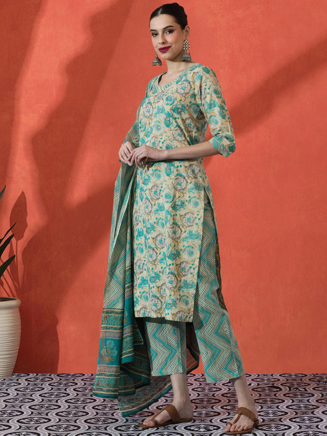Floral Embroidered Pure Cotton Straight Kurta & Trousers With Dupatta