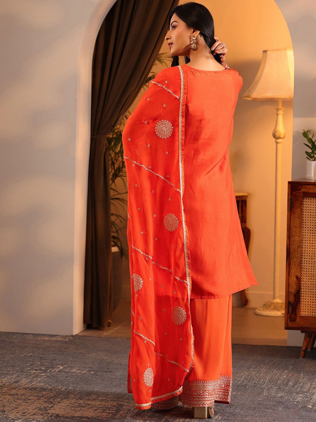 Dhiyona LL Floral Woven Design Round Neck Straight Kurta With Palazzo & Dupatta