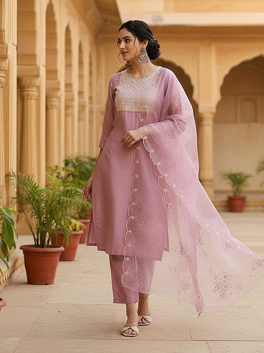 Dhiyona KL Yoke Design Regular Sequinned Straight Kurta with Trousers & Dupatta