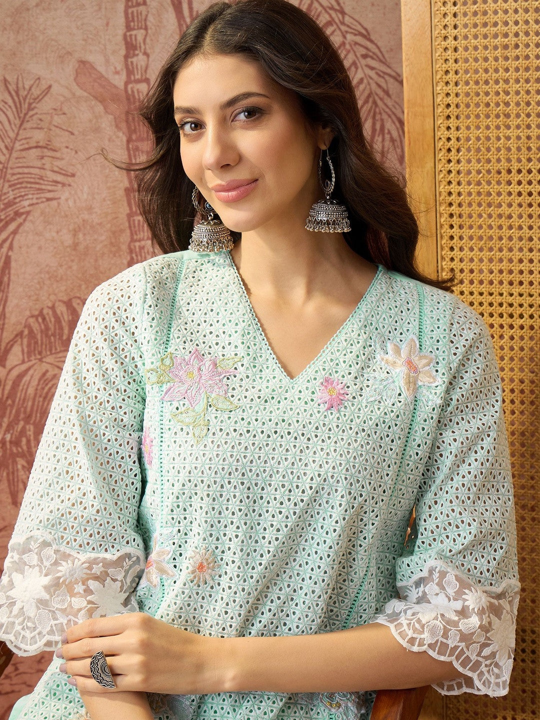 Embroidered Pure Cotton V-Neck Kurta & Trousers Kurta Set