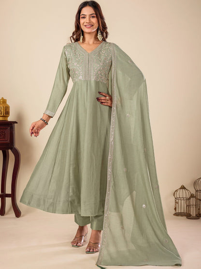 Women Floral Embroidered Empire Thread Work Kurta with Trousers & With Dupatta